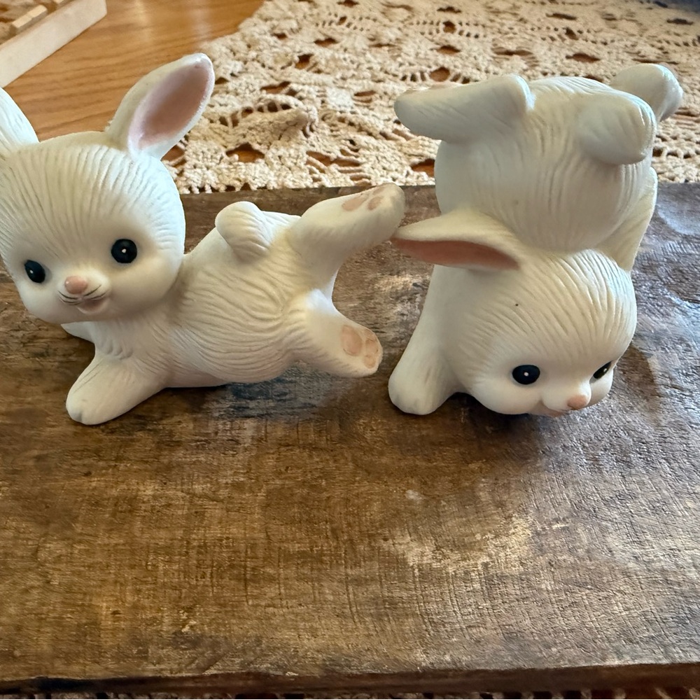 Homco- Pair of White Ceramic Dancing Bunny Figurines -